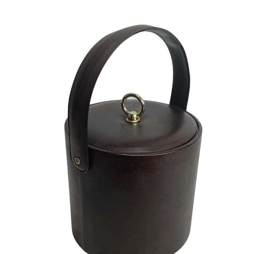 VINTAGE Georges Briard 7”‎ MCM Brown Vinyl Ice Bucket with Lid Hooks  USA